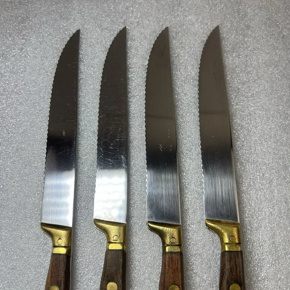 4 VTG ROWOCO Serrated Steak Knives 9”Rosewood Brass Full Tang Boot Handle France